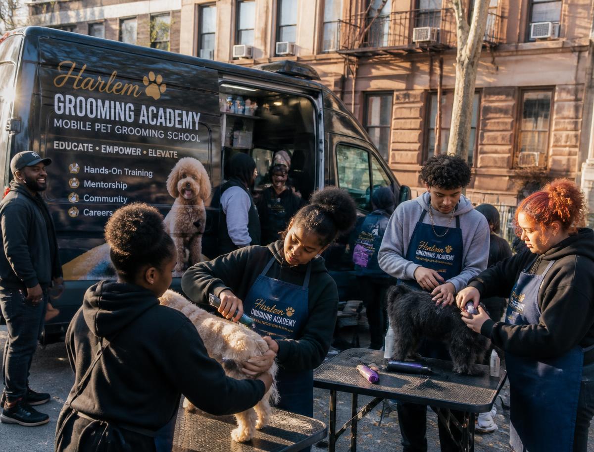 Students training beside the Fur Heroes mobile grooming van on a Harlem street